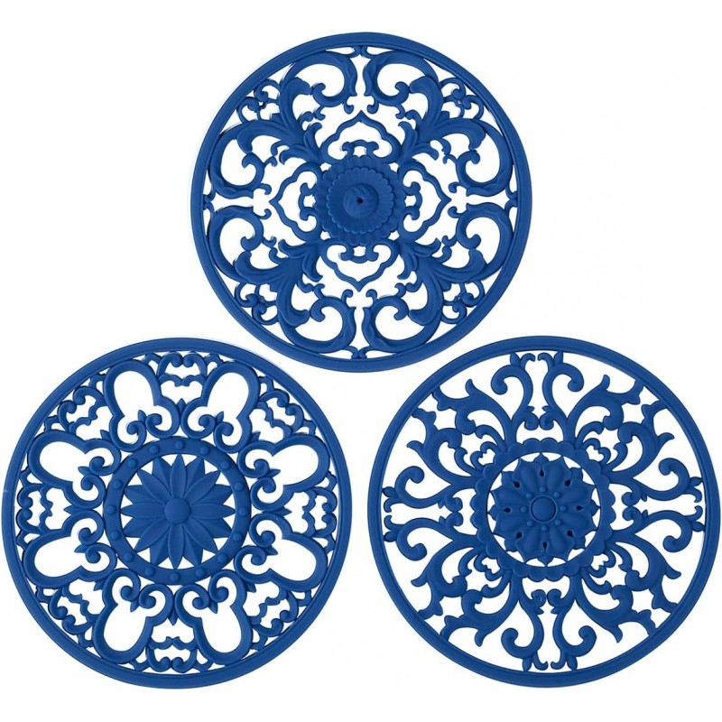 Extra Thick Silicone Trivet Mat for Hot Dishes, Hot Pots and Pans, Pot Holder, Hot Pad to Portect Your Table and Countertop, Kitchen Decor and Accessories,Navy Blue, Set of 3