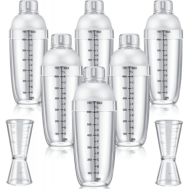 8 Pcs Plastic Cocktail Shaker Set 6 Pcs 24 oz Drink Shaker 2 Pcs Double Measuring Jigger Clear Plastic Bottle Tea Drink Mixer Cocktail Measuring Cup for Kitchen Bar Party Tools