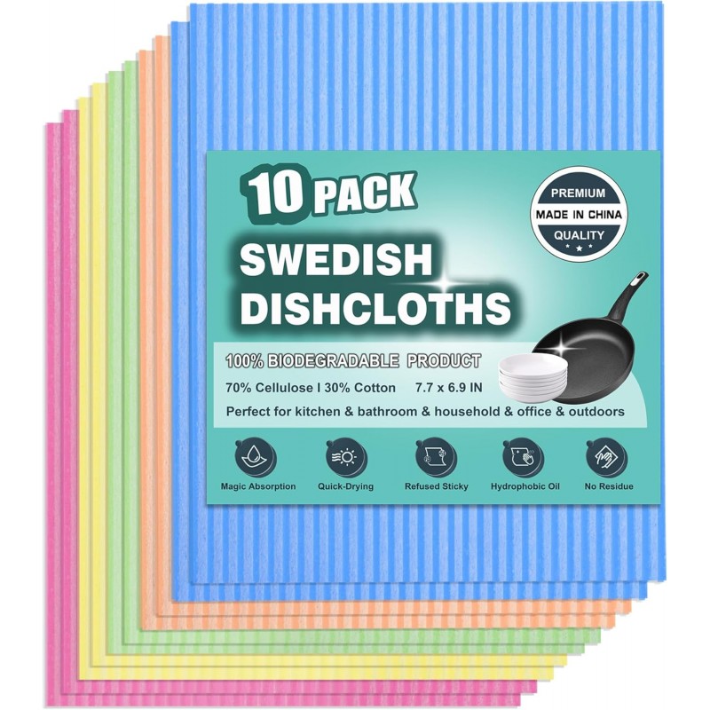 METUUTER 10 Packs Swedish Dishcloths for Kitchen, Reusable Kitchen Dishcloths Compostable Cellulose Dish Clothes for Household Use