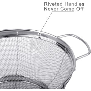 5 Pack 18/8 Stainless Steel Colander Sieves, Multi Size Mesh Strainer Net Baskets with Handles & Resting Base for Strain, Drain, Rinse or Steam