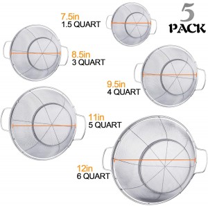 5 Pack 18/8 Stainless Steel Colander Sieves, Multi Size Mesh Strainer Net Baskets with Handles & Resting Base for Strain, Drain, Rinse or Steam