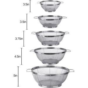 5 Pack 18/8 Stainless Steel Colander Sieves, Multi Size Mesh Strainer Net Baskets with Handles & Resting Base for Strain, Drain, Rinse or Steam