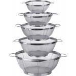 5 Pack 18/8 Stainless Steel Colander Sieves, Multi Size Mesh Strainer Net Baskets with Handles & Resting Base for Strain, Drain, Rinse or Steam