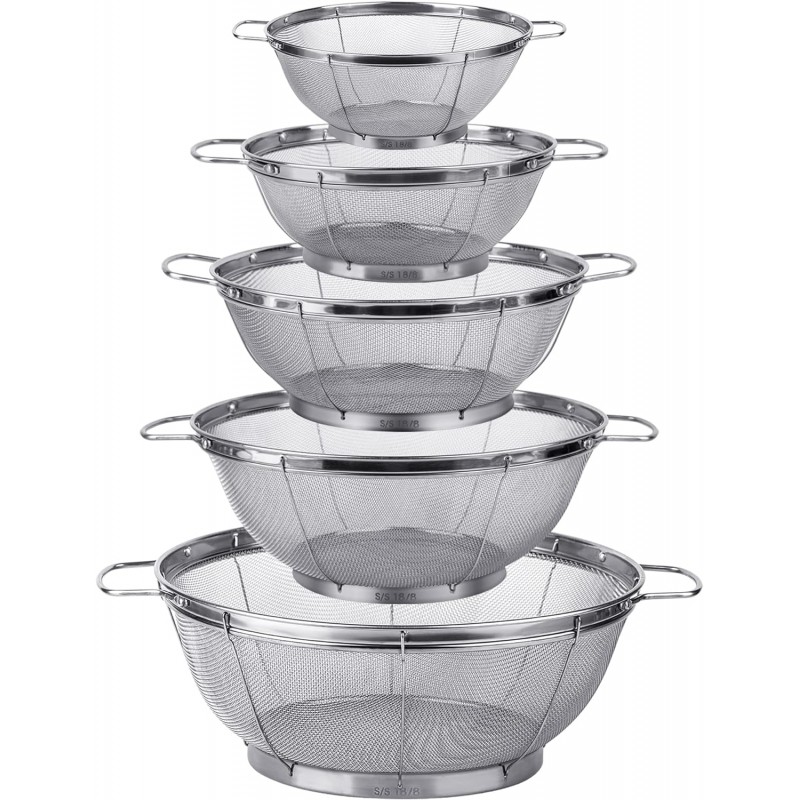 5 Pack 18/8 Stainless Steel Colander Sieves, Multi Size Mesh Strainer Net Baskets with Handles & Resting Base for Strain, Drain, Rinse or Steam