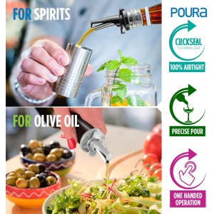 3-in-1 Liquor Pour spout with Built-in Fruit Fly Protection - BPA Free & Dishwasher Safe Hygienic Alcohol Speed Spouts - Also for Olive Oil, Juice, Syrup. Silver 2 Pack