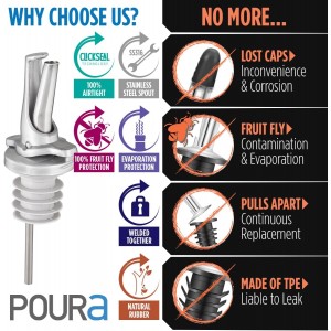 3-in-1 Liquor Pour spout with Built-in Fruit Fly Protection - BPA Free & Dishwasher Safe Hygienic Alcohol Speed Spouts - Also for Olive Oil, Juice, Syrup. Silver 2 Pack