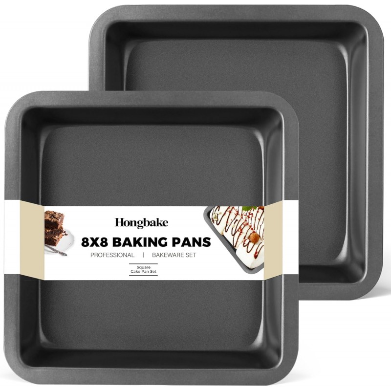 HONGBAKE 8x8 Cake Baking Pan Set, Nonstick Square Brownie Pans with Wider Grips, 2 Pieces, Heavy Duty, Grey