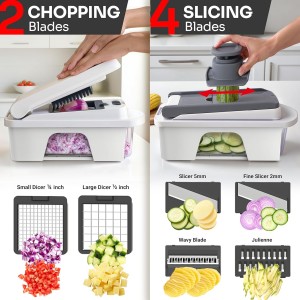 Mueller Pro-Series All-in-One, 12 Blade Mandoline Slicer for Kitchen, Food Chopper, Vegetable Slicer and Spiralizer, Cutter, Dicer, Grater, Kitchen Gadgets Sets with Container, White Sand/Gray