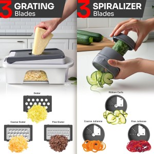 Mueller Pro-Series All-in-One, 12 Blade Mandoline Slicer for Kitchen, Food Chopper, Vegetable Slicer and Spiralizer, Cutter, Dicer, Grater, Kitchen Gadgets Sets with Container, White Sand/Gray