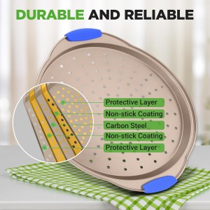 NutriChef 13-Inch Non-Stick Pizza Tray - with Silicone Handle, Round Steel Non-stick Pan with Perforated Holes, Premium Bakeware, Pizza Tray with Extended Handles, Dishwasher Safe - Champagne Gold