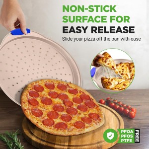 NutriChef 13-Inch Non-Stick Pizza Tray - with Silicone Handle, Round Steel Non-stick Pan with Perforated Holes, Premium Bakeware, Pizza Tray with Extended Handles, Dishwasher Safe - Champagne Gold
