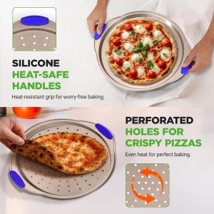 NutriChef 13-Inch Non-Stick Pizza Tray - with Silicone Handle, Round Steel Non-stick Pan with Perforated Holes, Premium Bakeware, Pizza Tray with Extended Handles, Dishwasher Safe - Champagne Gold