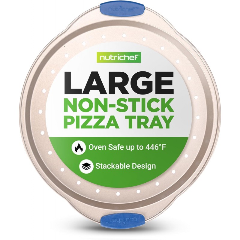 NutriChef 13-Inch Non-Stick Pizza Tray - with Silicone Handle, Round Steel Non-stick Pan with Perforated Holes, Premium Bakeware, Pizza Tray with Extended Handles, Dishwasher Safe - Champagne Gold