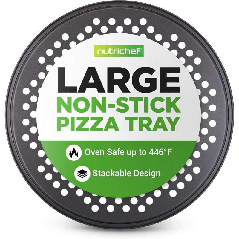 NutriChef 12.8 Inch Nonstick Pizza Pan for Oven - Carbon Steel Pizza Baking Tray with Airflow Holes - Premium Bakeware for Fresh & Frozen Pizza, Dishwasher Safe - Gray