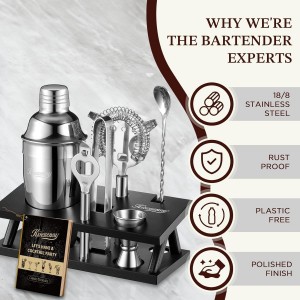 KITESSENSU Cocktail Shaker Set Bartender Kit, 6-Piece Silver Bar Set with Stand, Bar kit with Essential Bar Accessory Tools: Martini Shaker, Jigger, Strainer, Bar Spoon, Tongs, Opener