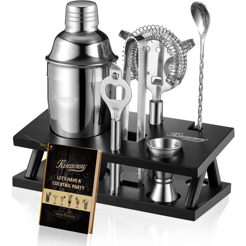 KITESSENSU Cocktail Shaker Set Bartender Kit, 6-Piece Silver Bar Set with Stand, Bar kit with Essential Bar Accessory Tools: Martini Shaker, Jigger, Strainer, Bar Spoon, Tongs, Opener