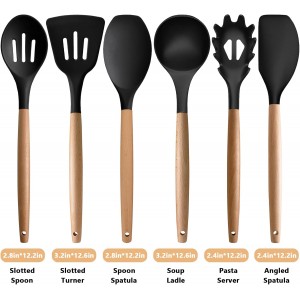 Silicone Kitchen Utensils Set of 6, Cooking Utensils Set with Heat Resistant Wooden Handle, Nonstick Silicone Spatula Spoon Turner Ladle, Cooking Kitchen Gadget for Cookware & Baking BPA FREE