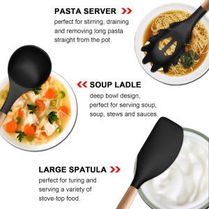 Silicone Kitchen Utensils Set of 6, Cooking Utensils Set with Heat Resistant Wooden Handle, Nonstick Silicone Spatula Spoon Turner Ladle, Cooking Kitchen Gadget for Cookware & Baking BPA FREE