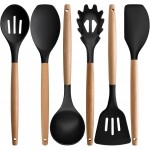 Silicone Kitchen Utensils Set of 6, Cooking Utensils Set with Heat Resistant Wooden Handle, Nonstick Silicone Spatula Spoon Turner Ladle, Cooking Kitchen Gadget for Cookware & Baking BPA FREE