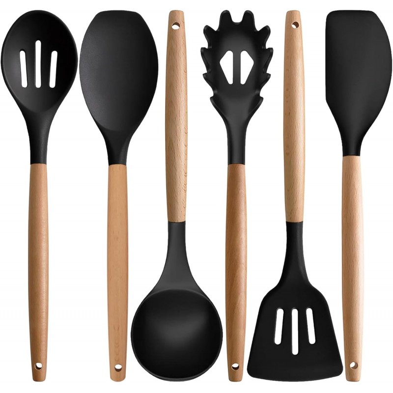 Silicone Kitchen Utensils Set of 6, Cooking Utensils Set with Heat Resistant Wooden Handle, Nonstick Silicone Spatula Spoon Turner Ladle, Cooking Kitchen Gadget for Cookware & Baking BPA FREE