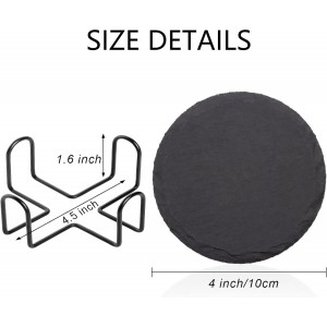 4 PCS Round Slate Drink Coasters Set, SIJDIEE 4 Inch Laser Engraving Black Slate Stone Coasters with Anti-Scratch Bottom and Coaster Holder for Office Bar Kitchen Home Dinner Table Decor Supplies