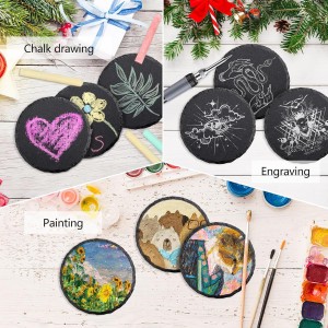 4 PCS Round Slate Drink Coasters Set, SIJDIEE 4 Inch Laser Engraving Black Slate Stone Coasters with Anti-Scratch Bottom and Coaster Holder for Office Bar Kitchen Home Dinner Table Decor Supplies