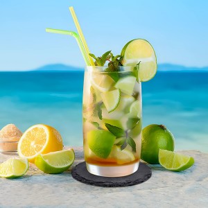 4 PCS Round Slate Drink Coasters Set, SIJDIEE 4 Inch Laser Engraving Black Slate Stone Coasters with Anti-Scratch Bottom and Coaster Holder for Office Bar Kitchen Home Dinner Table Decor Supplies