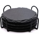 4 PCS Round Slate Drink Coasters Set, SIJDIEE 4 Inch Laser Engraving Black Slate Stone Coasters with Anti-Scratch Bottom and Coaster Holder for Office Bar Kitchen Home Dinner Table Decor Supplies