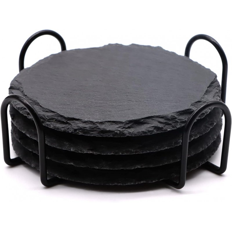4 PCS Round Slate Drink Coasters Set, SIJDIEE 4 Inch Laser Engraving Black Slate Stone Coasters with Anti-Scratch Bottom and Coaster Holder for Office Bar Kitchen Home Dinner Table Decor Supplies