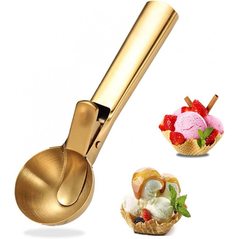 Ice Cream Scooper Stainless Steel, Cookie Scoopwith Trigger Heavy Duty Metal Icecream Scoop,Cookie Scoop Large Size Perfect For Frozen Yogurt, Gelatos, Sundaes (C-Gold)