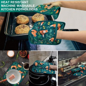 Pot Holders Set of 2 Heat Resistant 480℉ Kitchen 100% Cotton Comfortable Lining Printing Fox Flower Women Men Home Cooking Baking Microwave BBQ Gift(Fox Flower)