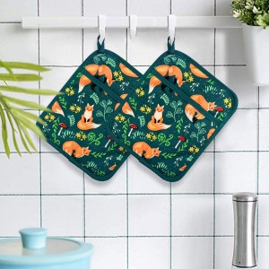 Pot Holders Set of 2 Heat Resistant 480℉ Kitchen 100% Cotton Comfortable Lining Printing Fox Flower Women Men Home Cooking Baking Microwave BBQ Gift(Fox Flower)