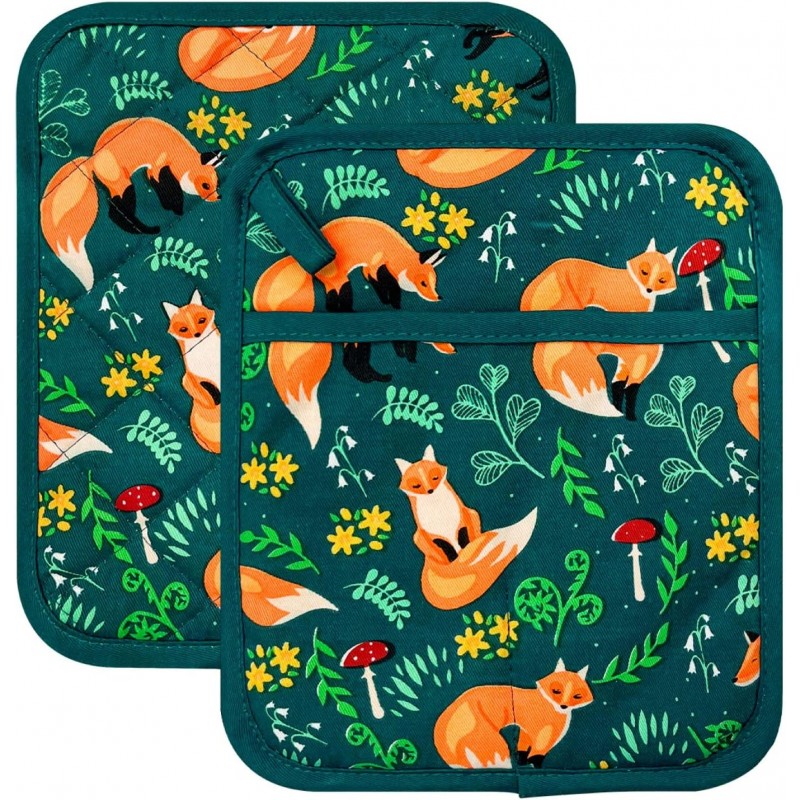 Pot Holders Set of 2 Heat Resistant 480℉ Kitchen 100% Cotton Comfortable Lining Printing Fox Flower Women Men Home Cooking Baking Microwave BBQ Gift(Fox Flower)