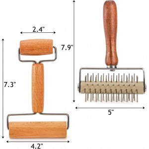 Hiceeden Set of 2 Pizza Dough Roller & Dough Docker, Stainless Steel Dough Hole Maker Puncher Wooden Rolling Pin for Pizza, Cookie, Pie, Pastry, Bread, Crust