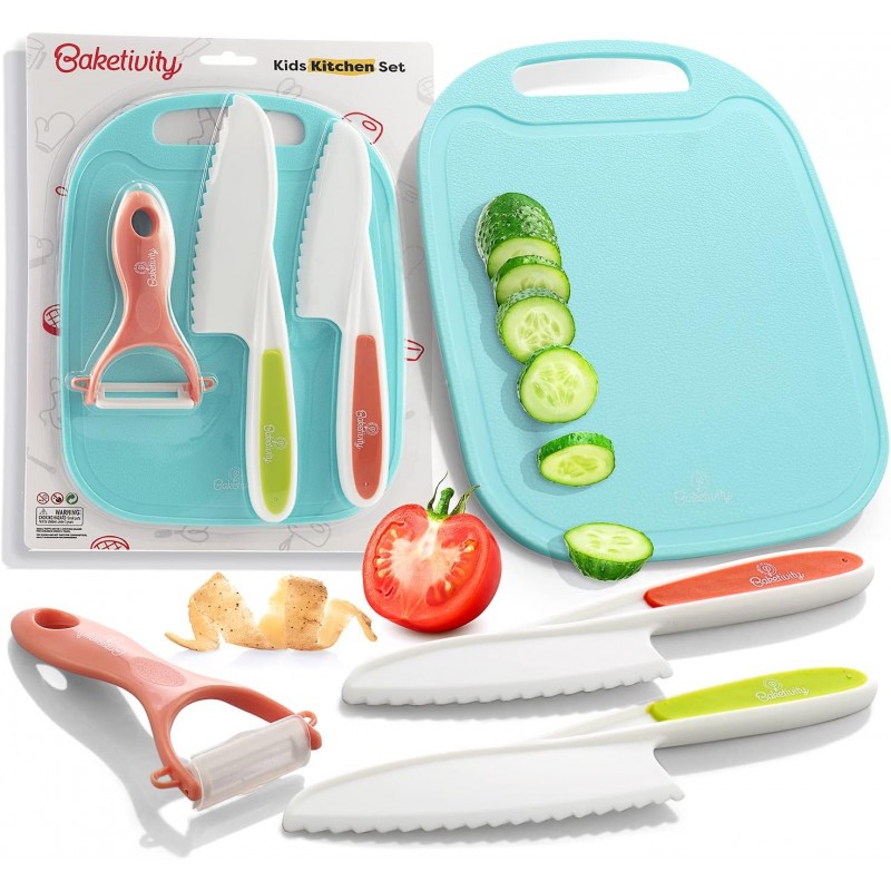Baketivity Kid Safe Plastic Knives for Real Cooking with Cutting Board, Peeler for Kitchen - Knife Set with Blunt Tip, Dishwasher Safe, BPA Free Kids Knives for Cutting