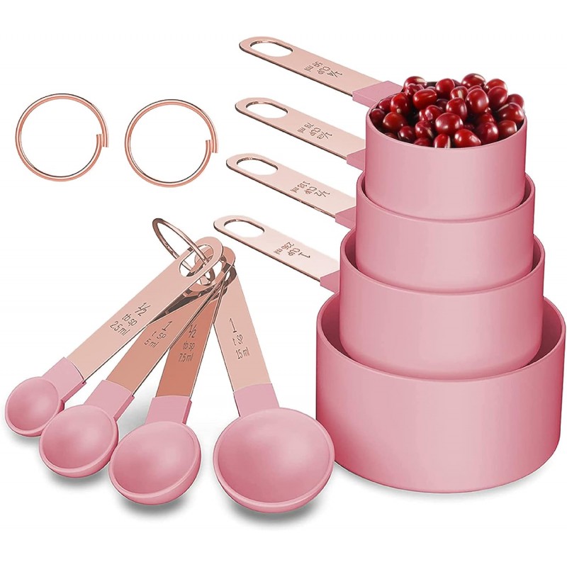Rose Gold Stainless Steel Handle Measuring Cups and Spoons Set, 8 Piece Stackable Accurate Tablespoon for Measuring Dry and Liquid Ingredients Small Teaspoon with Plastic Head (Pink)