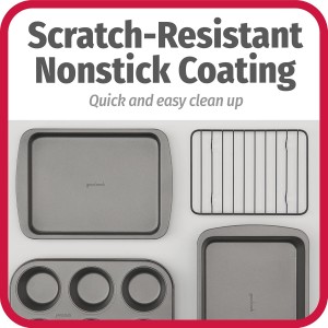 GoodCook 4-Piece Nonstick Steel Toaster Oven Set with Sheet Pan, Rack, Cake Pan, and Muffin Pan, Gray, 4-Piece Set Distributes Heat Evenly, Nonstick Coating, Dishwasher-Safe