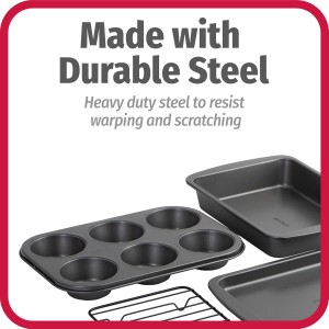 GoodCook 4-Piece Nonstick Steel Toaster Oven Set with Sheet Pan, Rack, Cake Pan, and Muffin Pan, Gray, 4-Piece Set Distributes Heat Evenly, Nonstick Coating, Dishwasher-Safe