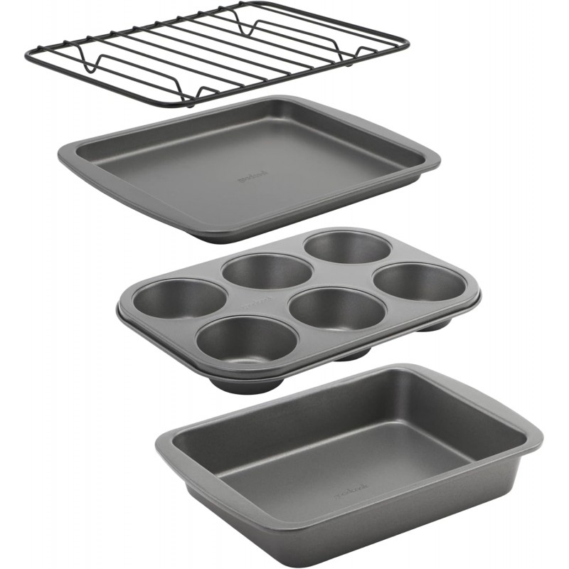 GoodCook 4-Piece Nonstick Steel Toaster Oven Set with Sheet Pan, Rack, Cake Pan, and Muffin Pan, Gray, 4-Piece Set Distributes Heat Evenly, Nonstick Coating, Dishwasher-Safe