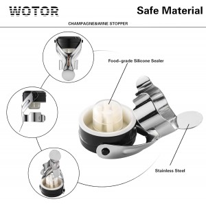 WOTOR Champagne&Wine Bottle Stoppers Stainless Steel with Food Grade Silicone, Leak Proof Keep Fresh Reusable Saver, Cork Suitable for Wine, Champagne, Cava, Prosecco and Sparkling (6 Pack Silver）