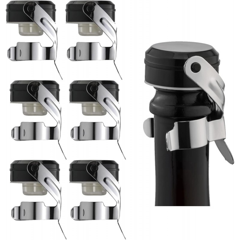 WOTOR Champagne&Wine Bottle Stoppers Stainless Steel with Food Grade Silicone, Leak Proof Keep Fresh Reusable Saver, Cork Suitable for Wine, Champagne, Cava, Prosecco and Sparkling (6 Pack Silver）
