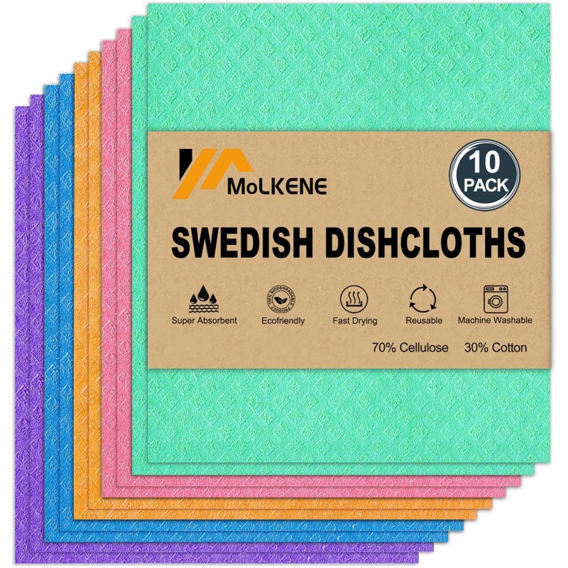 Swedish Dish Cloths - 10 Pack Reusable Kitchen Dishcloths - Ultra Absorbent Dish Towels for Washing Dishes - Cellulose Sponge Cloth Cleaning Rag - Assorted