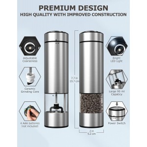 innhom Electric Salt Grinder Pepper Grinder Battery Operated Stainless Steel Pepper Mill Automatic Salt and Pepper Grinder with Adjustable Coarseness, 1 Pack