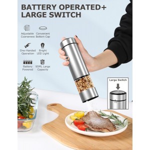 innhom Electric Salt Grinder Pepper Grinder Battery Operated Stainless Steel Pepper Mill Automatic Salt and Pepper Grinder with Adjustable Coarseness, 1 Pack