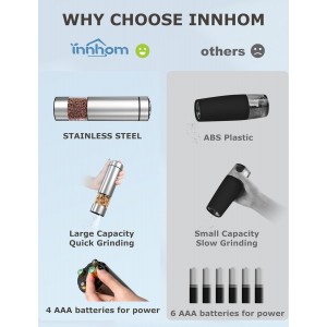 innhom Electric Salt Grinder Pepper Grinder Battery Operated Stainless Steel Pepper Mill Automatic Salt and Pepper Grinder with Adjustable Coarseness, 1 Pack