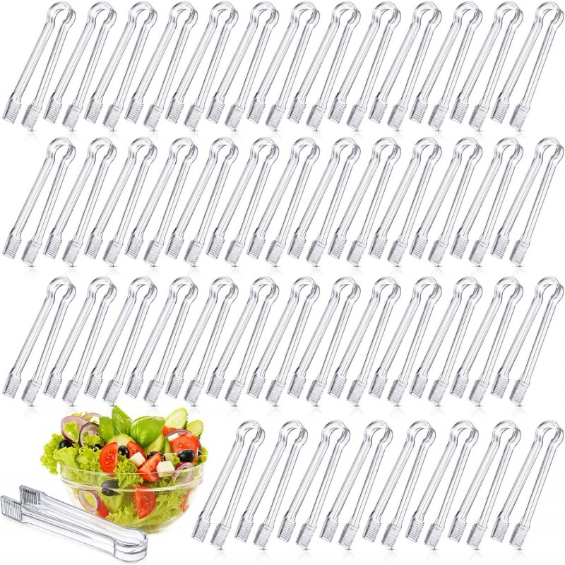 Nuogo 48 Pcs Plastic Buffet Serving Tongs 6.3 Inch One-off Clear Kitchen Tongs Mini Serving Utensils for Food Ice Salad Buffet Barbecue Cookies Tea Coffee Appetizers Party Supplies
