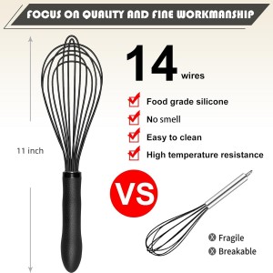 TEEVEA Silicone Whisk Stainless Steel Heat Resistant Non Scratch Kitchen Cooking Utensil for Blending Whisking Beating Frothing Stirring 11 Inch Black