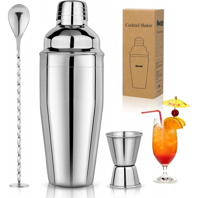 24oz Cocktail Shaker Set Martini Shaker Set Bartender Set with Margarita Mixer Drink Shaker, Measuring Jigger and Mixing Spoon - Professional 18/8 Stainless Steel Bar Tools for Mixed Drinks