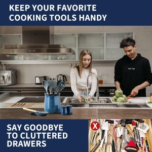 HASENSE Utensil Holder for Kitchen Counter 7.1” Cooking Utensil Crock for Countertop, Blue Ceramic Stable Utensil Organizer Caddy with Reactive Glaze for Spatula and Spoon, Dishwasher Safe