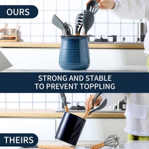 HASENSE Utensil Holder for Kitchen Counter 7.1” Cooking Utensil Crock for Countertop, Blue Ceramic Stable Utensil Organizer Caddy with Reactive Glaze for Spatula and Spoon, Dishwasher Safe